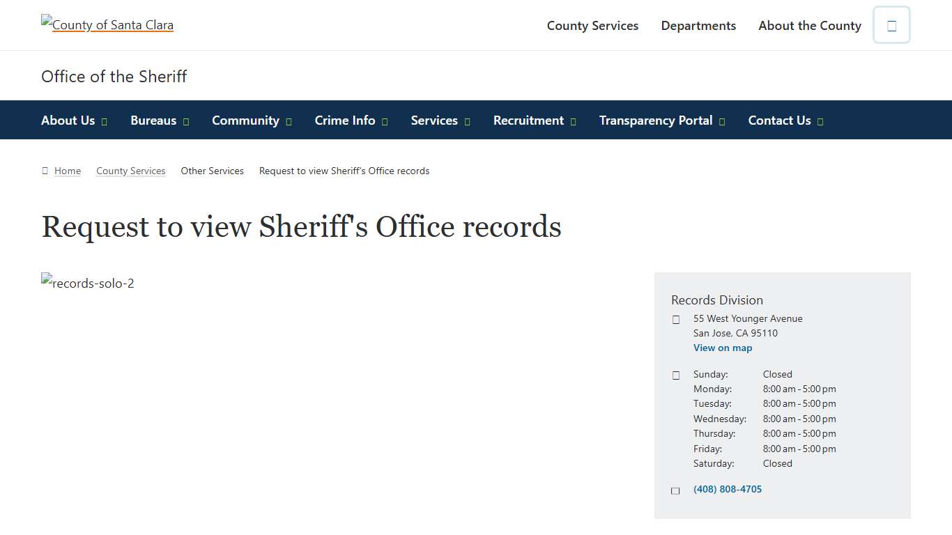 Request to view Sheriff's Office records Office of the Sheriff County of Santa Clara