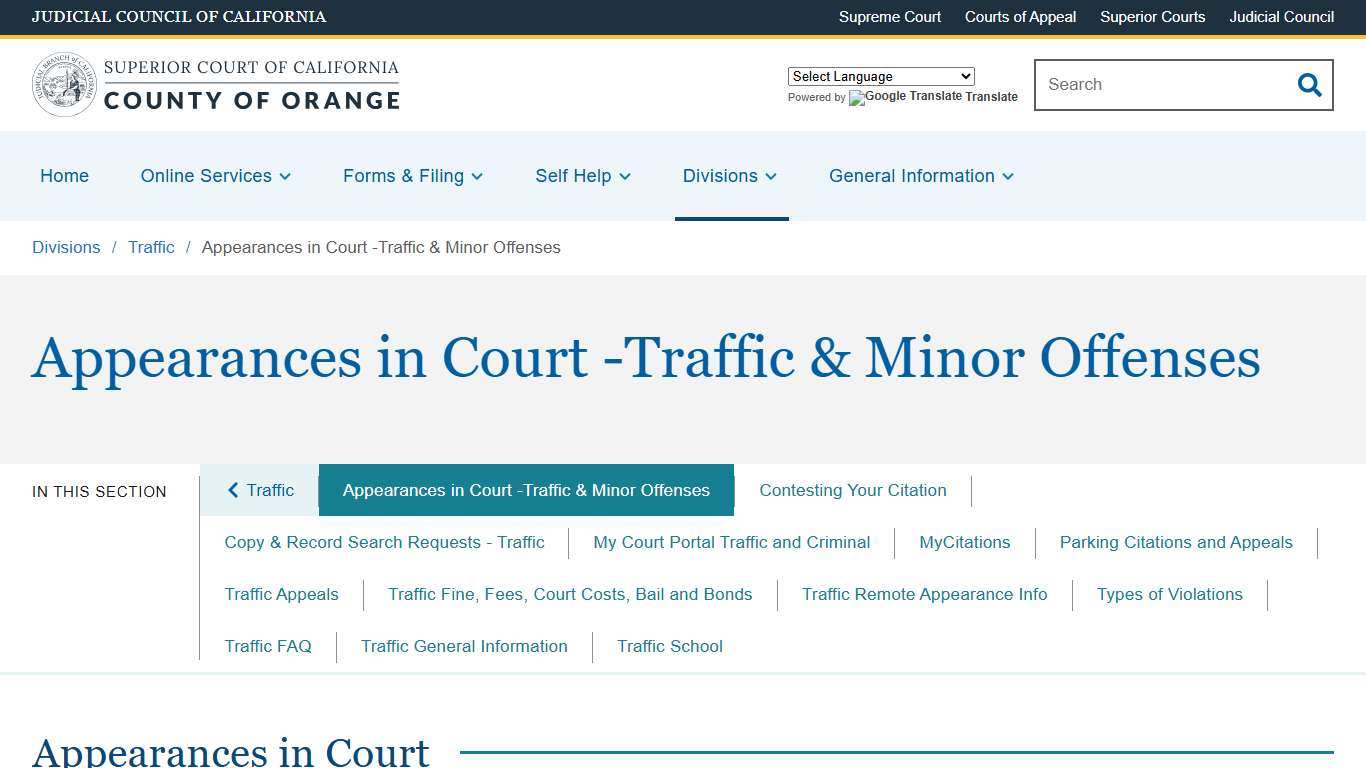 Appearances in Court -Traffic & Minor Offenses Superior Court of California County of Orange